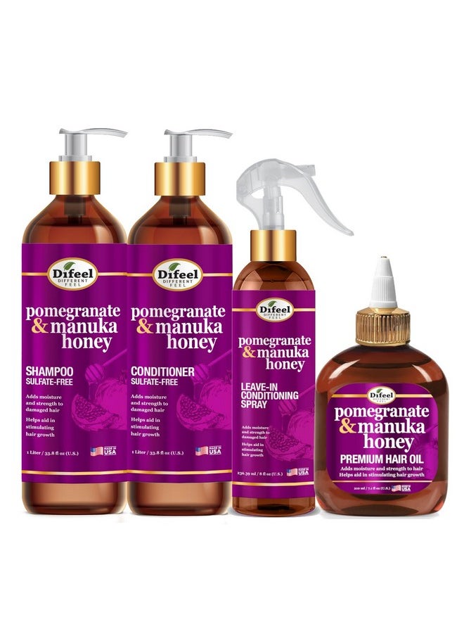 Pomegranate & Manuka Honey Shampoo & Conditioner 4-Pc Set - Includes 33.8Oz Shampoo, 33.8Oz Conditioner, 8Oz Leave In Spray And 7.1Oz Hair Oil