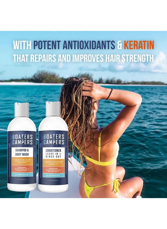 Boaters And Campers Hair Shampoo And Conditioner Set, 4 Oz Reef Safe Fragrance Free All Natural Shampoo And Conditioner For Camping, Hiking And Boating, Paraben Free Hair Care
