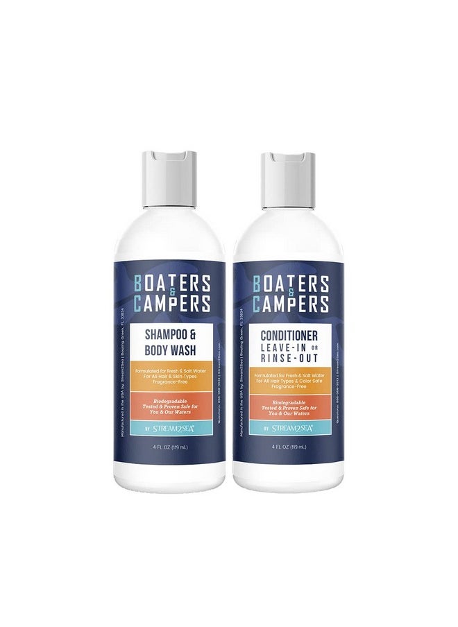 Boaters And Campers Hair Shampoo And Conditioner Set, 4 Oz Reef Safe Fragrance Free All Natural Shampoo And Conditioner For Camping, Hiking And Boating, Paraben Free Hair Care