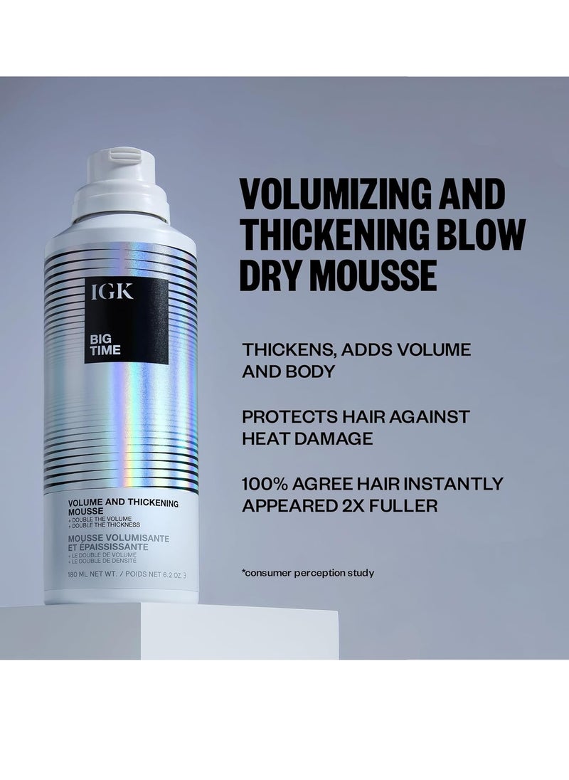 IGK BIG TIME Volume & Thickening Mousse | Moveable + Fullness + Frizz Control | Vegan + Cruelty Free | 6.2 Oz