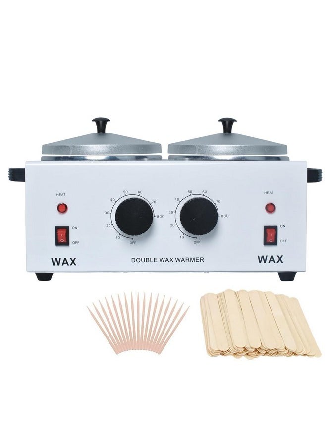 Wax Warmer Double Pot, Professional Electric Heater For Facial, Body, Spa, And Salon, 1.2L Dual Adjustable Temperature With 100 Wooden Craft Sticks, Hair Removal