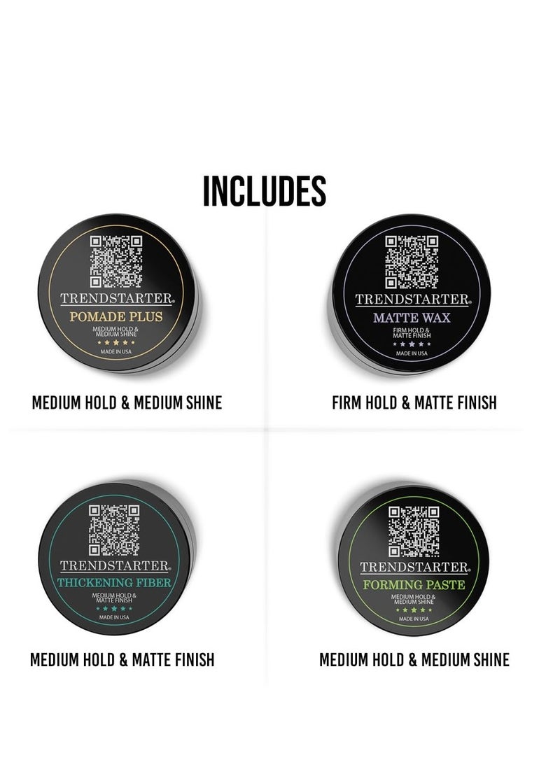 TRENDSTARTER - Men's Premium Hair Styling Sample Pack - Matte Wax - Forming Paste - Thickening Fiber - Pomade Plus (1 Sample Box - Four 0.25oz Samples)