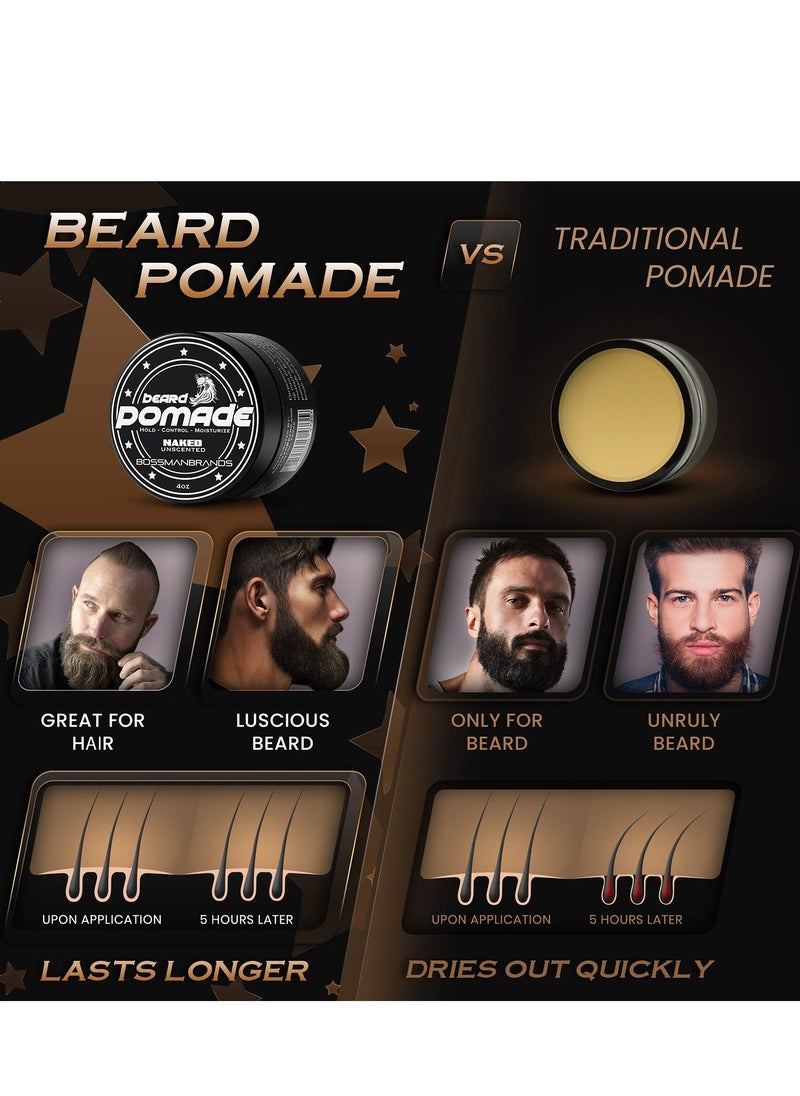 Bossman Hair & Beard Pomade for Men - All Day Hold, Moisturizing with Control – Strong Hold Pomade - Men's Hair Styling Pomade - Made in USA, Natural, For All Hair Types | 4 ounce