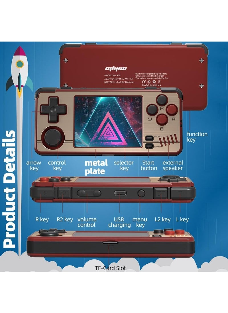 A30 Handheld Game Console 2.8-inch 640*480 IPS Screen 2600mAh Compatible with WiFi Multiplayer Portable Case(Gold Red)