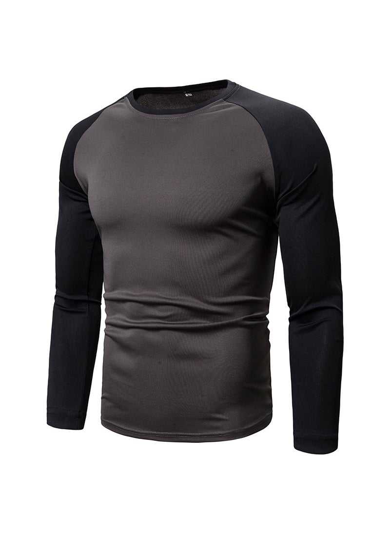 2023 foreign trade new mens color matching top mens long sleeve T-shirt stitching round neck mens T-shirt Dark gray