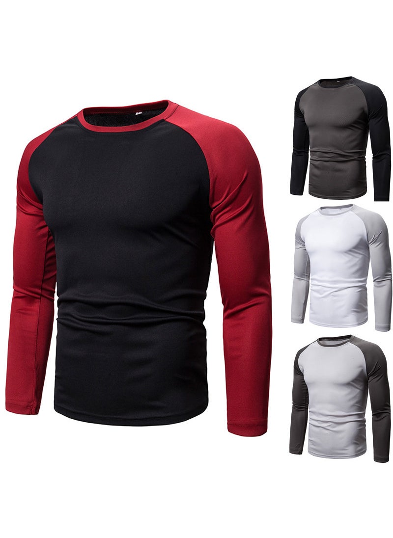 2023 foreign trade new mens color matching top mens long sleeve T-shirt stitching round neck mens T-shirt Dark gray