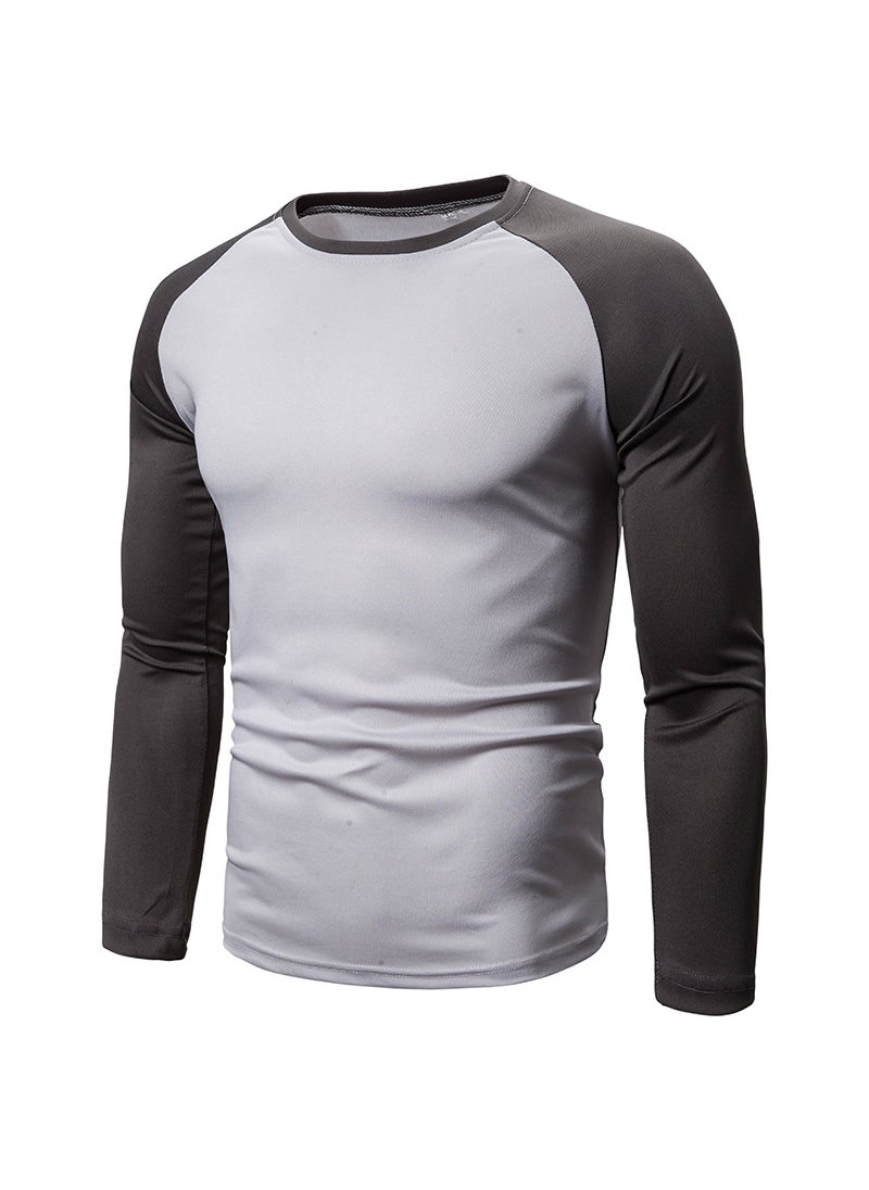 2023 foreign trade new mens color matching top mens long sleeve T-shirt stitching round neck mens T-shirt Light gray