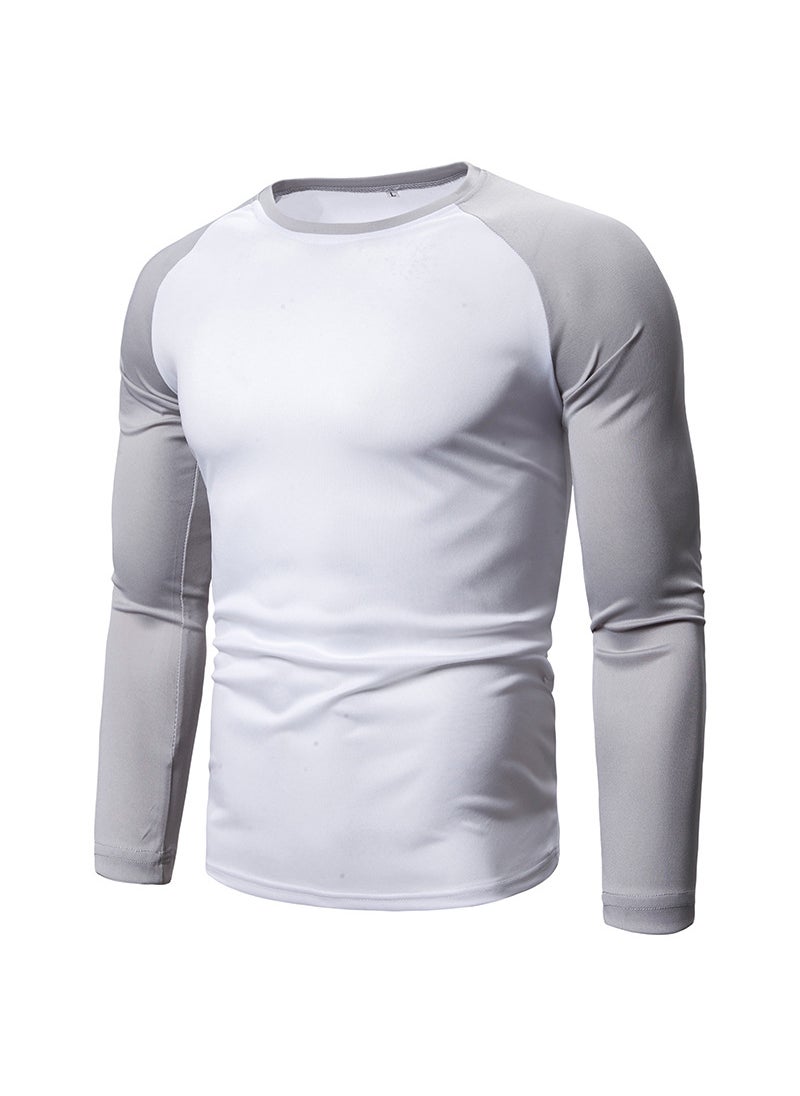 2023 foreign trade new mens color matching top mens long sleeve T-shirt stitching round neck mens T-shirt Light gray