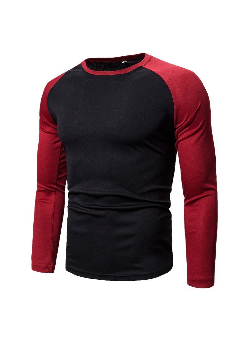 2023 foreign trade new mens color matching top mens long sleeve T-shirt stitching round neck mens T-shirt Black