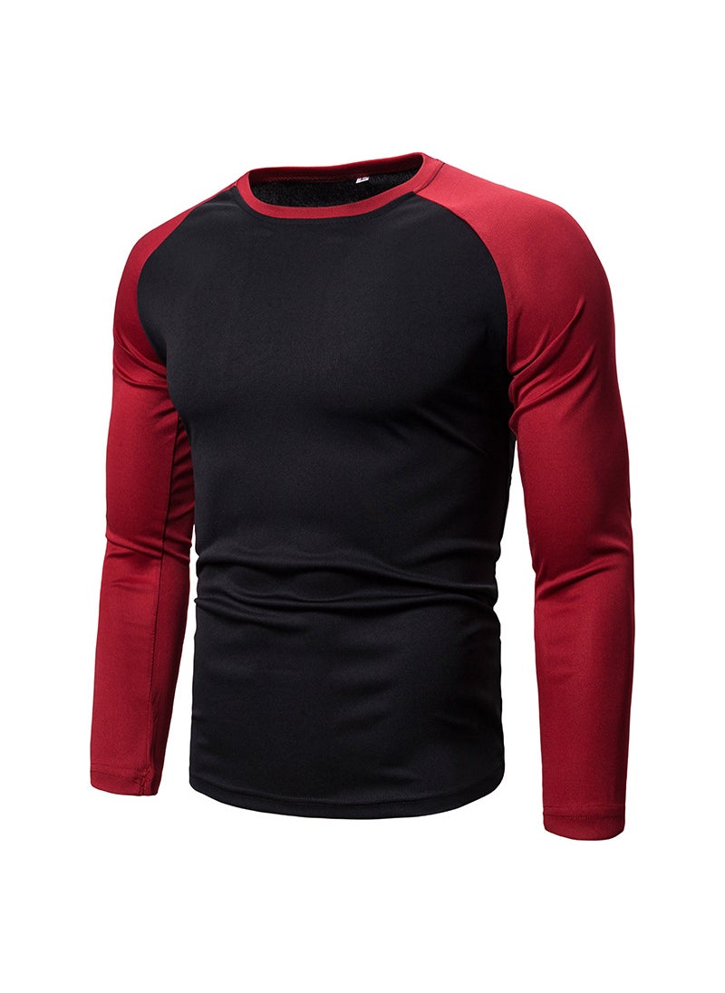 2023 foreign trade new mens color matching top mens long sleeve T-shirt stitching round neck mens T-shirt Black