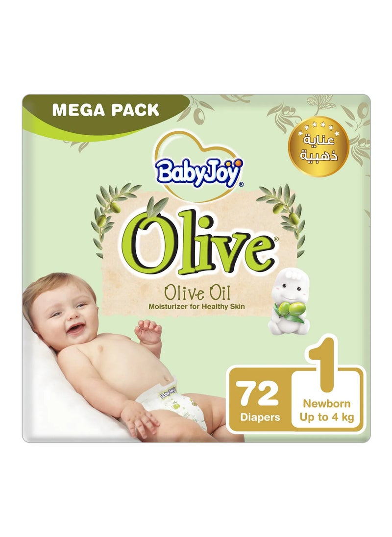 BabyJoy Olive Tape Style Diapers, 72 Pieces, Newborn Size 1 Mega Pack, Upto 4kg - Gentle Olive Moisturising, Breathable, Compressed Air Channel