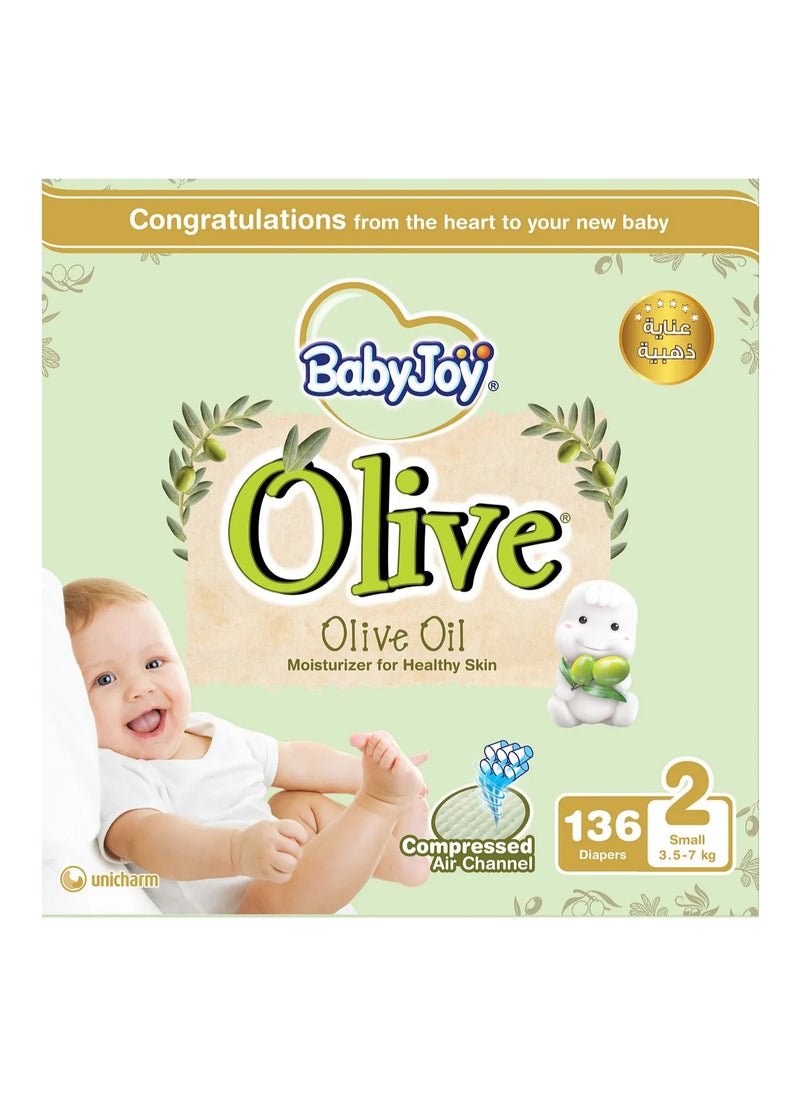 BabyJoy Olive Tape Style Diapers, 136 Pieces, Small Size 2, 3.5-7kg - Gentle Olive Moisturising, Breathable, Compressed Air Channel