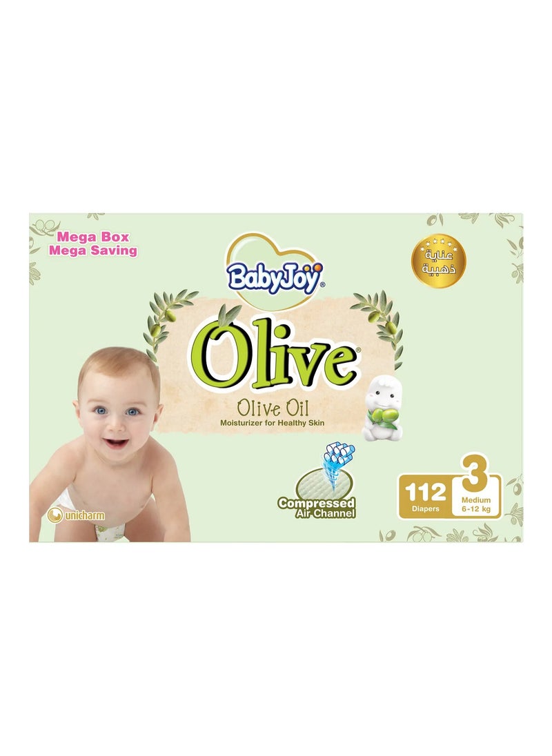 BabyJoy Olive Tape Style Diapers, 56 Pieces, Medium Size 3 Mega Box, 6-12kg - Gentle Olive Moisturising, Breathable, Compressed Air Channel