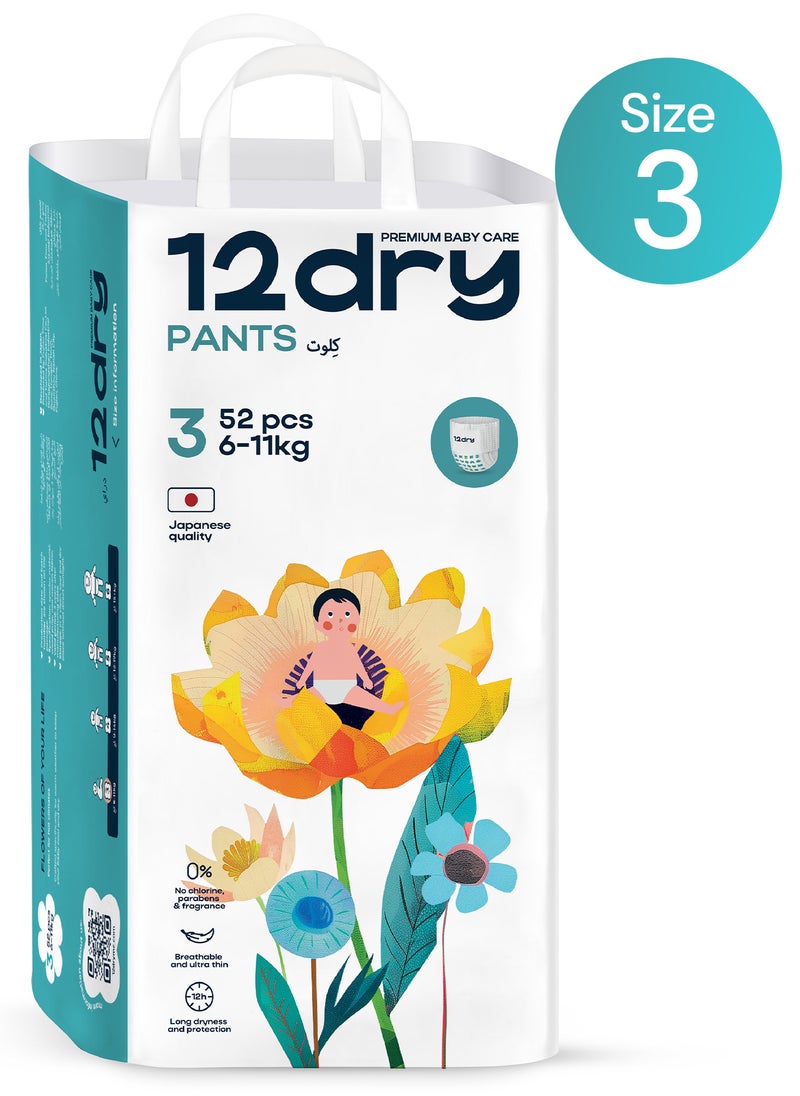 12dry Pants, (Size 5, 138, count) – Premium Baby Care, 100% Ultra-Absorbent Japanese Tech, Dual-Layer, Thin & Breathable, Eco-Friendly, Hypoallergenic, Soft Elastic Waistband for Active Babies 3X Mega Pack