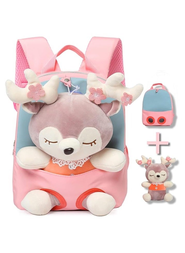 Little Doll Stuffed Animal kids Plush Backpack, Lovely Toddler Backpack, Cartoon Preschool Purse for Kids, Suitable for 2-6 Years Girl Boy (Pink)