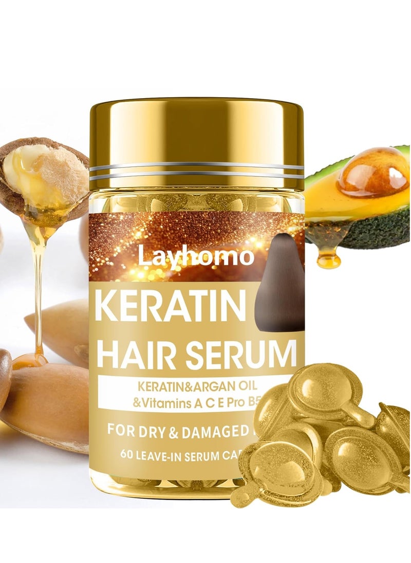 Keratin Hair Treatment Serum,60 Capsules Hair Treatment Oil for Dry Damaged Hair,Hair Oil with Keratin,Argan Oil-Leave-in Anti Frizz Conditioner with Vitamins A, C, E & B5- No Rinse for All Hair Types