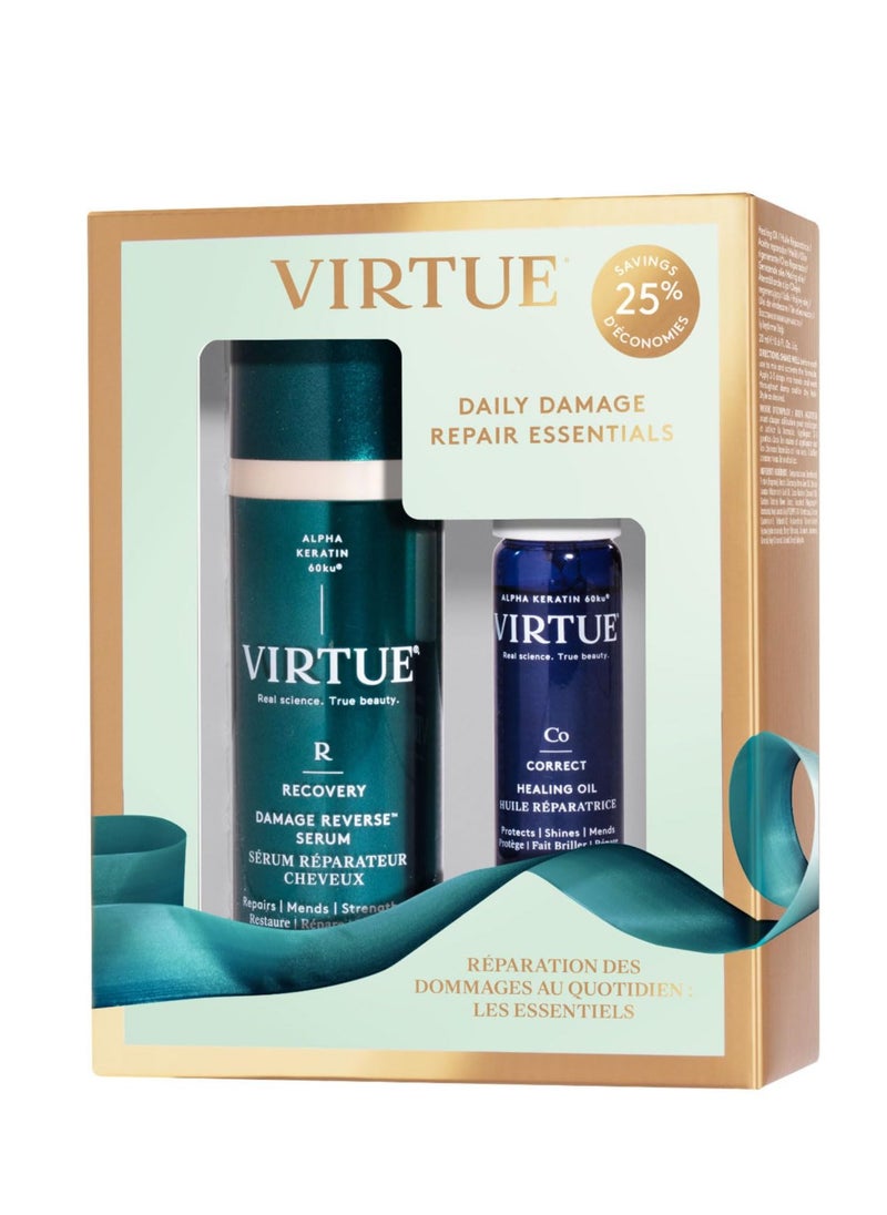 Virtue Daily Damage Repair Essentials with Damage Reverse Hair Serum and Healing Hair Oil Treatment Serum for Damaged Hair