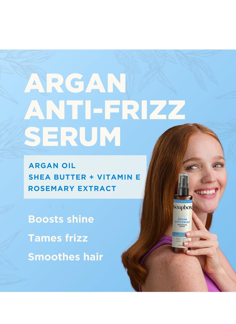 Soapbox Argan Oil Smoothing Serum, Anti-Frizz Serum For All Hair Types with Shea Butter & Vitamin E Repairs Damage & Controls Flyaways - Vegan, Cruelty and Gluten Free (5 Fl oz)
