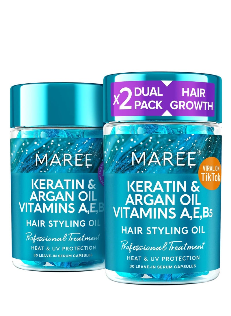 MAREE Hair Serum for Damaged Hair 2 Pack - Keratin & Moisturizing Oil Capsules with Avocado, Jojoba & Argan Oil - Hair Growth Serum for Thinning Hair Vitamins A, E & B5, Gotas Para El Cabello