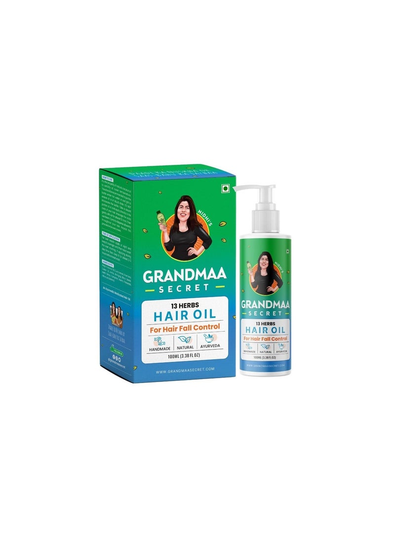 NIDHI’S GRANDMAA SECRET 13 Herbs Hair Oil Handmade Natural Hair Oil With Coconut Oil, Curry Leaves & More Hair Fall Control Oil For Dry Damaged Hair, 100ml