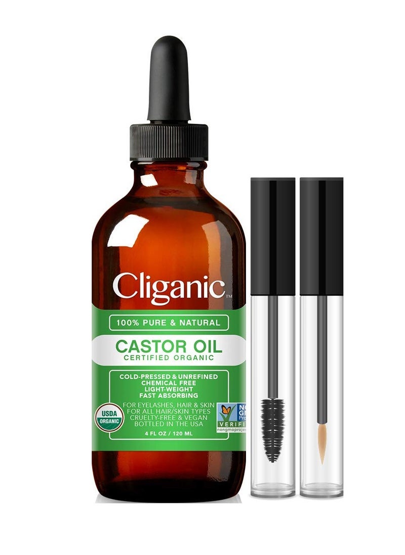 Cliganic Organic Castor Oil, 100% Pure (4oz with Eyelash Kit) - For Eyelashes, Eyebrows, Hair & Skin