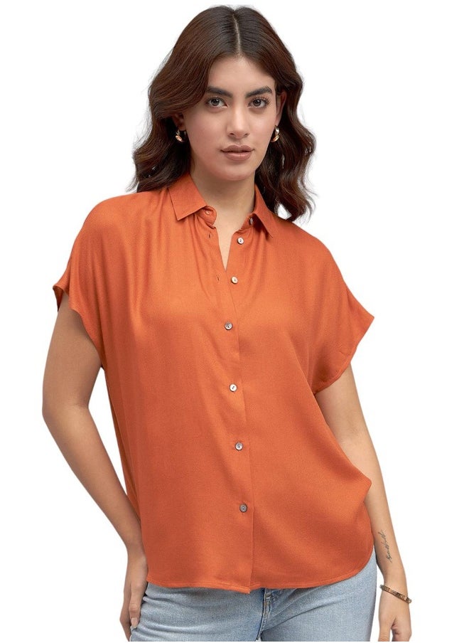 Rust Relaxed Fit Shirt for Women - Viscose Moss, Solid, Half Sleeves, Casual, Machine Wash