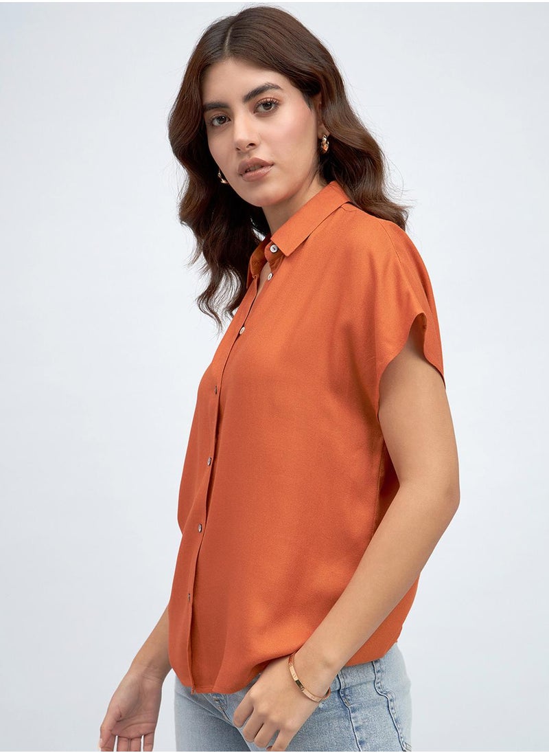 Rust Relaxed Fit Shirt for Women - Viscose Moss, Solid, Half Sleeves, Casual, Machine Wash