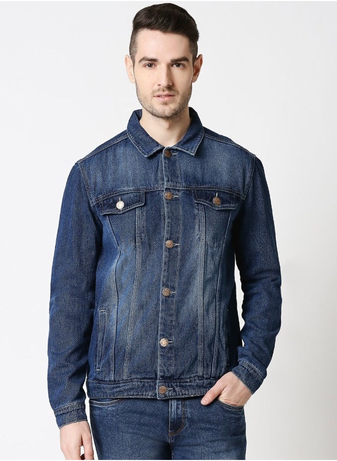 Men Blue Solid Denim Jacket