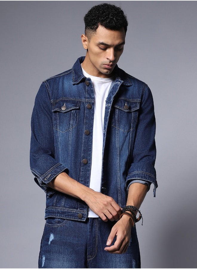 Men Blue Solid Denim Jacket