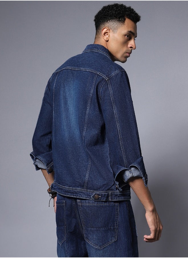 Men Blue Solid Denim Jacket