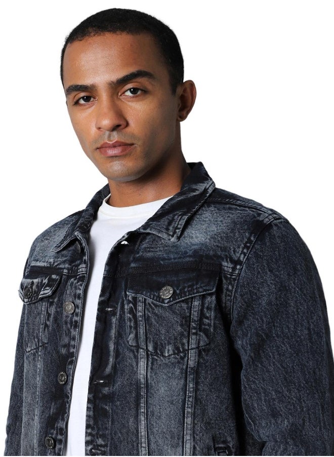 Men Black Solid Denim Jacket