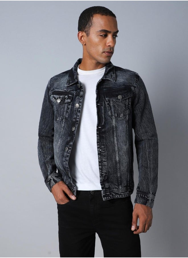 Men Black Solid Denim Jacket