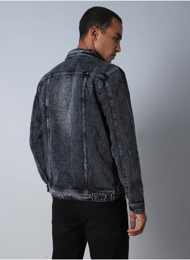 Men Black Solid Denim Jacket