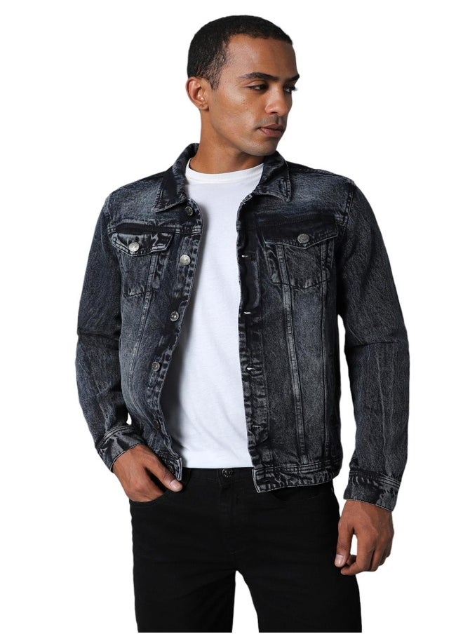 Men Black Solid Denim Jacket