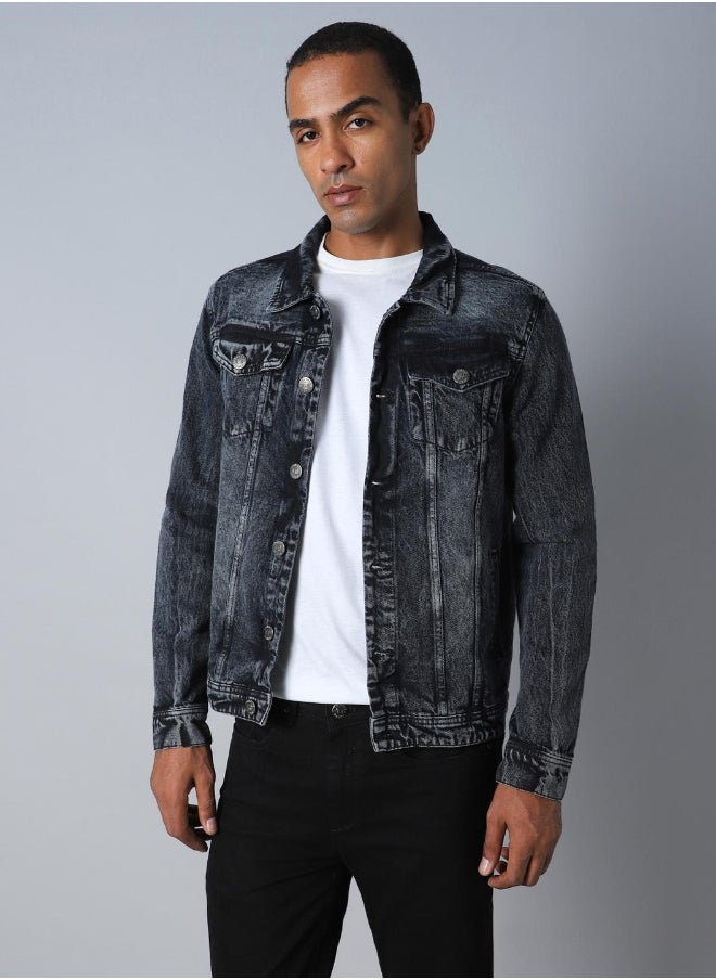 Men Black Solid Denim Jacket