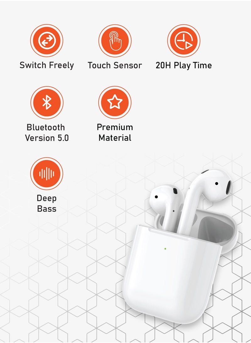 Deep Bass Wireless Earbuds 2, 20H Total Working Time, Wireless Charging, Independent Earbuds, Touch Control, Connectivity with Bluetooth 5.0, One-Step Pairing - White