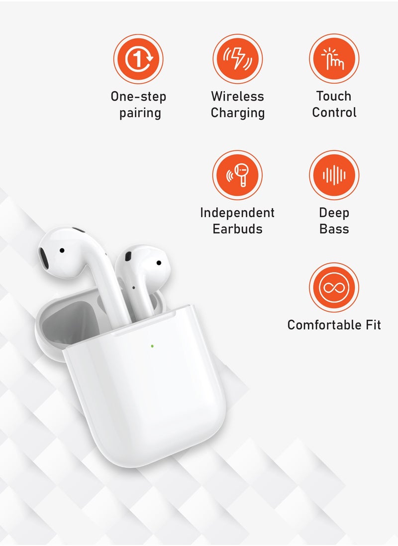 Deep Bass Wireless Earbuds 2, 20H Total Working Time, Wireless Charging, Independent Earbuds, Touch Control, Connectivity with Bluetooth 5.0, One-Step Pairing - White