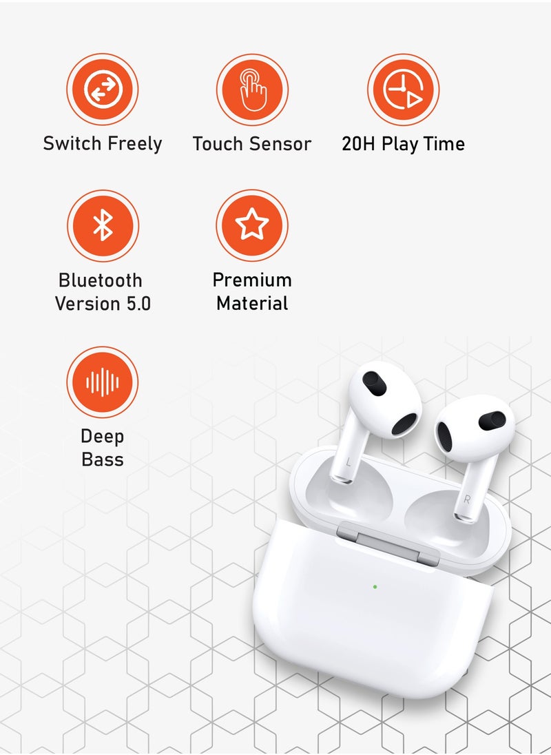 Deep Bass Wireless Earbuds 3 / 20H Total Working Time / Independent Earbuds / Wireless Charging / Touch Control / Bluetooth 5.2 Connectivity - White