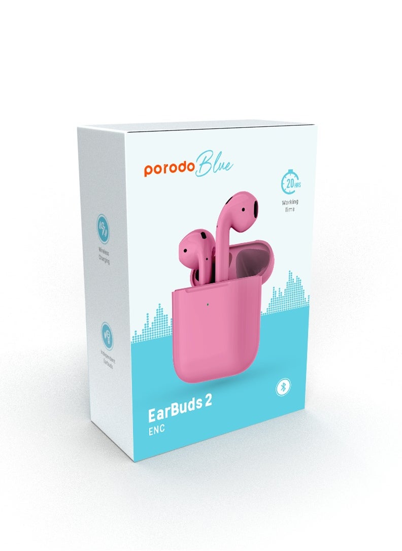 Deep Bass Wireless Earbuds 2 / Touch Control / Wireless Charging / Independent Earbuds / 20 Hours Working Time / ENC / Premium Materials / v5 Bluetooth / Type-C Charging Port - Pink