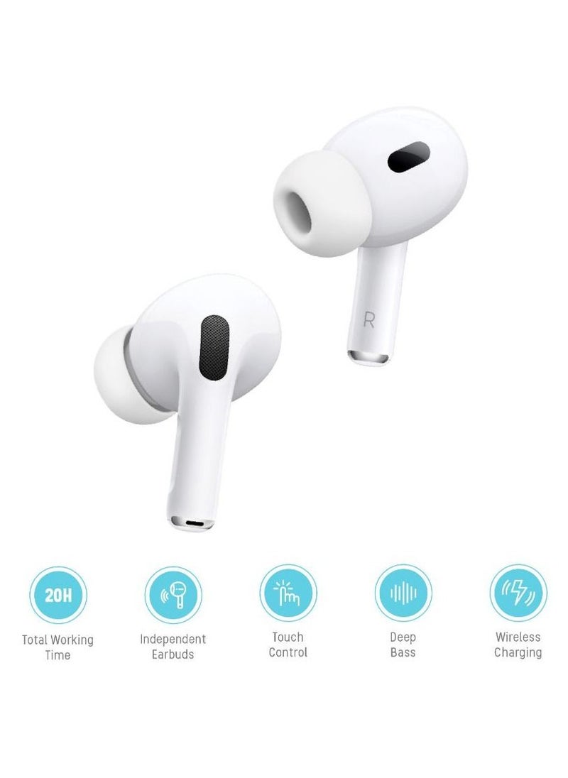 Earbuds Pro 2 With Swipe Volume Wireless Charging, 20H Total Working Time, Independent Earbuds, Touch Control,  Bluetooth/Wireless Connection Type, Deep Bass - White