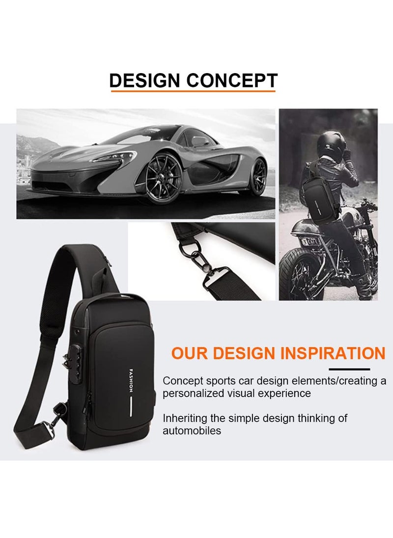 Anti Theft Crossbody Sling Bag, Waterproof Chest Daypack with USB Charging Port, Multi-functional Large-Capacity Lightweight Shoulder Bag with Combination Lock, Shoulder Backpack for Men Women, Black