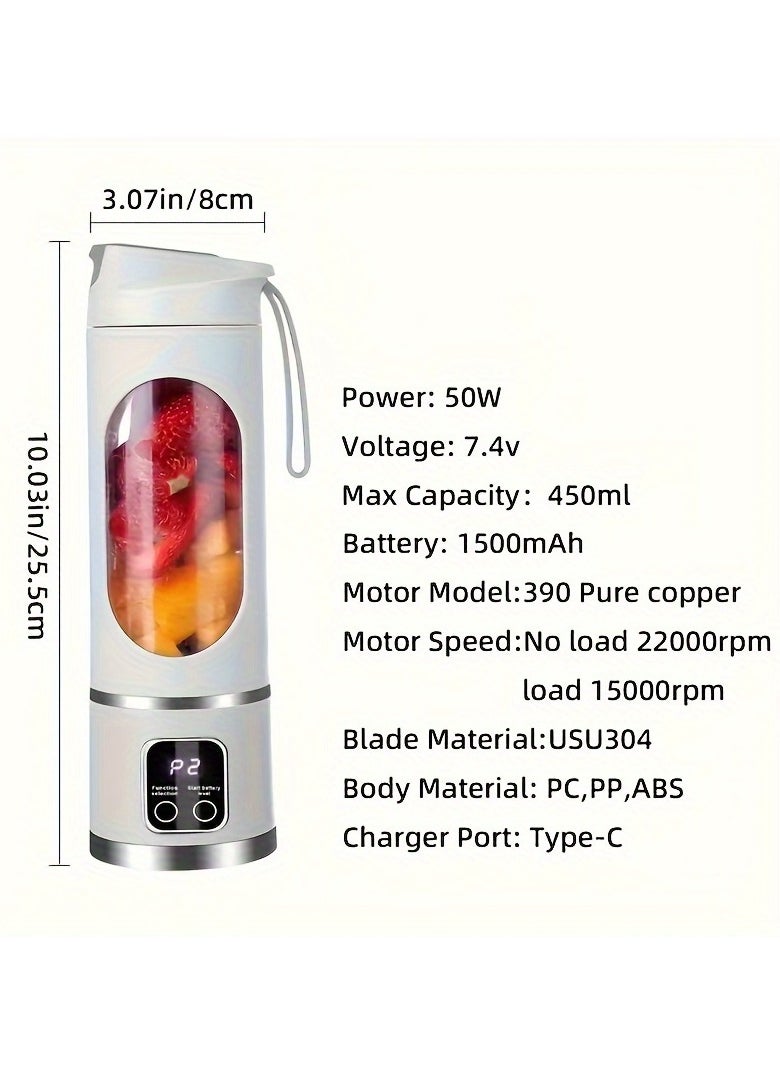 Portable USB Rechargeable Blender with LED Display - 450ml,7.4V 50W 12Blade, Ideal for Smoothies u0026 Fresh Juice, Compact Design for On-the-Go Nutrition