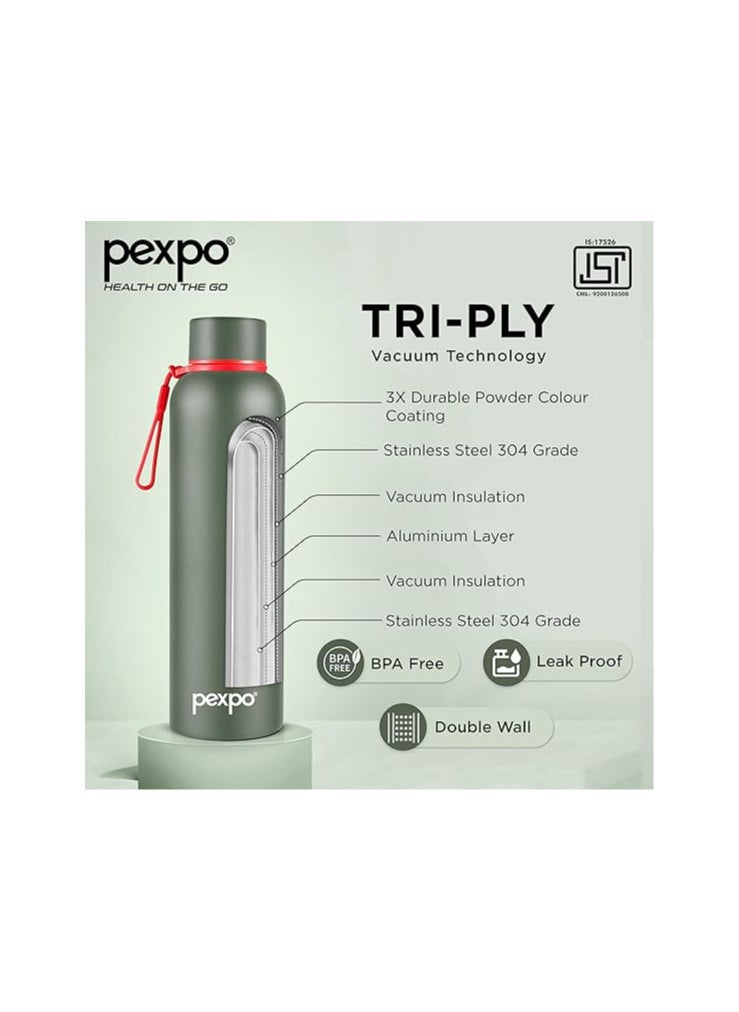 Pexpo Bravo 1000 Hot & Cold ISI Certified Flask- Military Green- Stainless Steel Water Bottle | Office| Gym| Travelling| Home| School| Adults & Kids