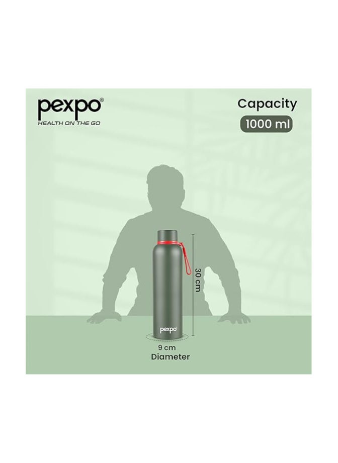 Pexpo Bravo 1000 Hot & Cold ISI Certified Flask- Military Green- Stainless Steel Water Bottle | Office| Gym| Travelling| Home| School| Adults & Kids