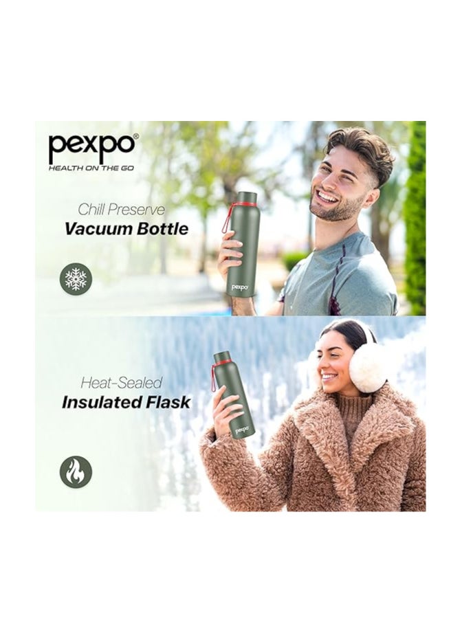 Pexpo Bravo 1000 Hot & Cold ISI Certified Flask- Military Green- Stainless Steel Water Bottle | Office| Gym| Travelling| Home| School| Adults & Kids
