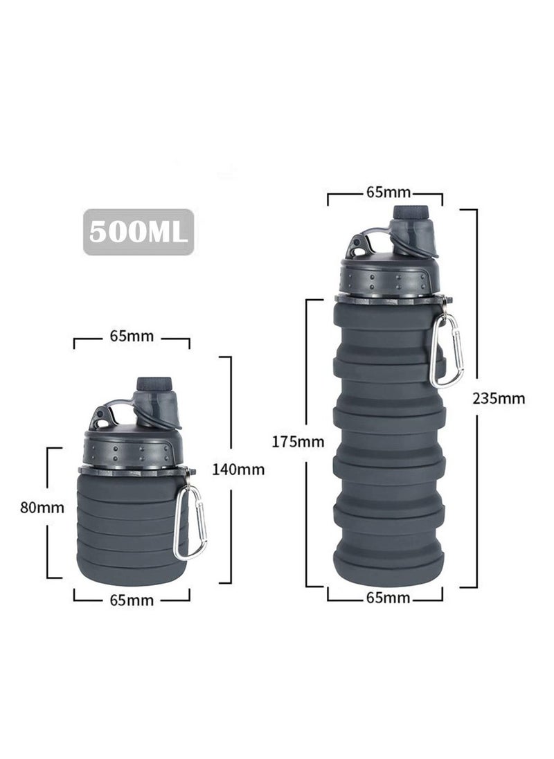 Water Bottle, Drink Bottle 500ml Collapsible Silicone Sports Water Bottle BPA-free Leak-proof Water Bottle for Gym Yoga Fitness Camping (Grey)