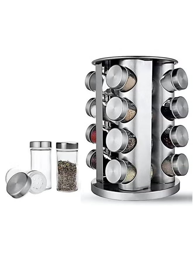 16 Piece Transparent Glass Spice Cans And Stainless Steel Spice Cans Storage Racks, Can Be Rotated 360 Degrees, Classified And Stored, Large Capacity, Easy To Use