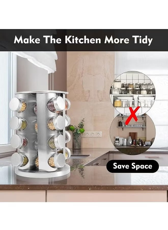 16 Piece Transparent Glass Spice Cans And Stainless Steel Spice Cans Storage Racks, Can Be Rotated 360 Degrees, Classified And Stored, Large Capacity, Easy To Use