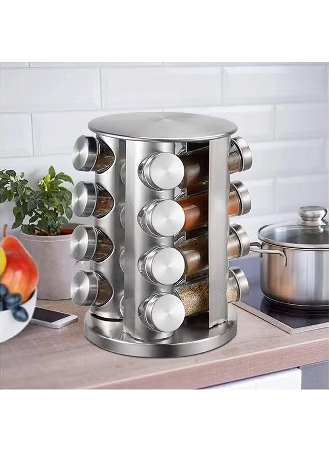 16 Piece Transparent Glass Spice Cans And Stainless Steel Spice Cans Storage Racks, Can Be Rotated 360 Degrees, Classified And Stored, Large Capacity, Easy To Use