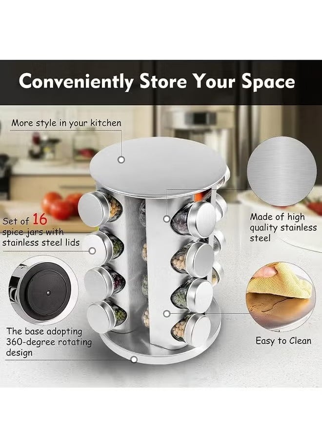 16 Piece Transparent Glass Spice Cans And Stainless Steel Spice Cans Storage Racks, Can Be Rotated 360 Degrees, Classified And Stored, Large Capacity, Easy To Use